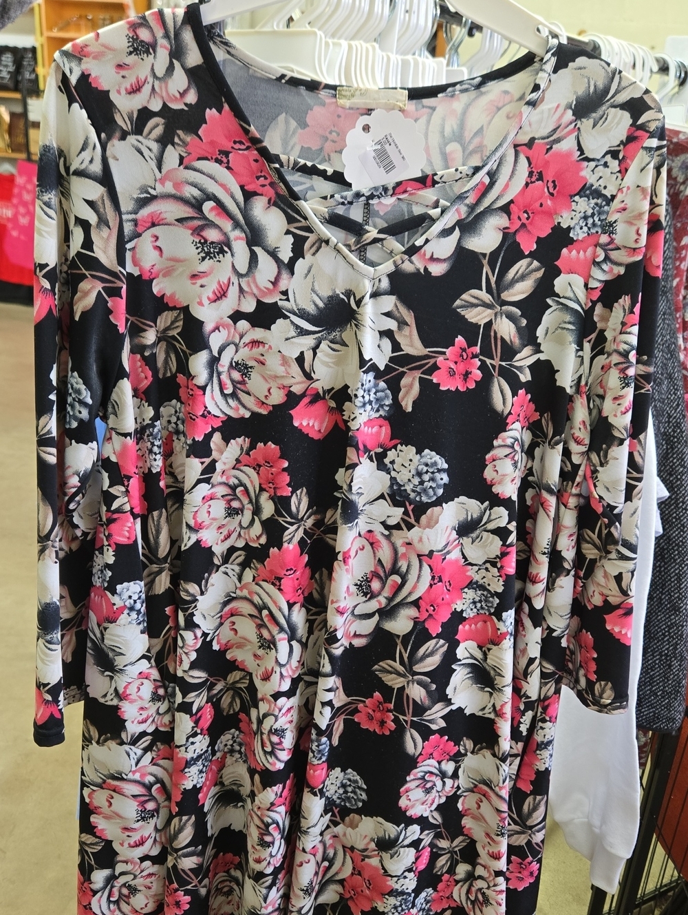 Crisscross V-Neck Floral Tunic Dress - Pink on Black